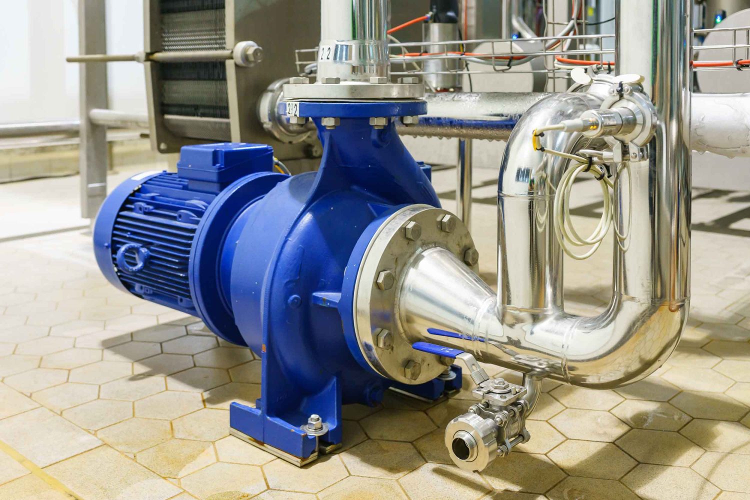 Water Centrifugal pump and motor line with pipe rack in power plant construction site industrial, demineralized water
