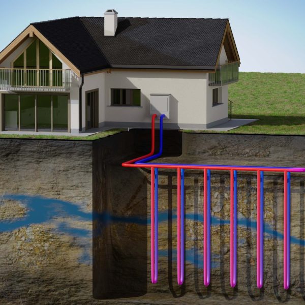 Vertical ground source heat pump system for heating home with geothermal energy. 3D rendered illustration.